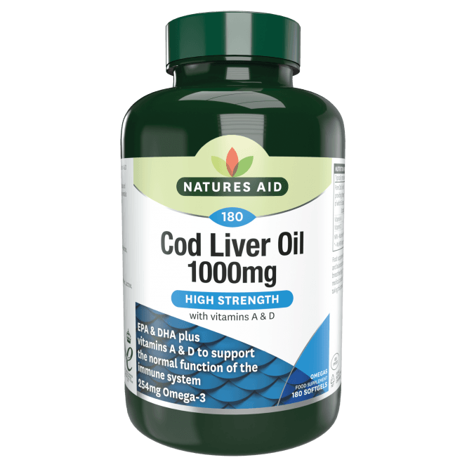 NATURES AID essential fatty acids capsules cod liver oil & vit A&D 1000mg  180
