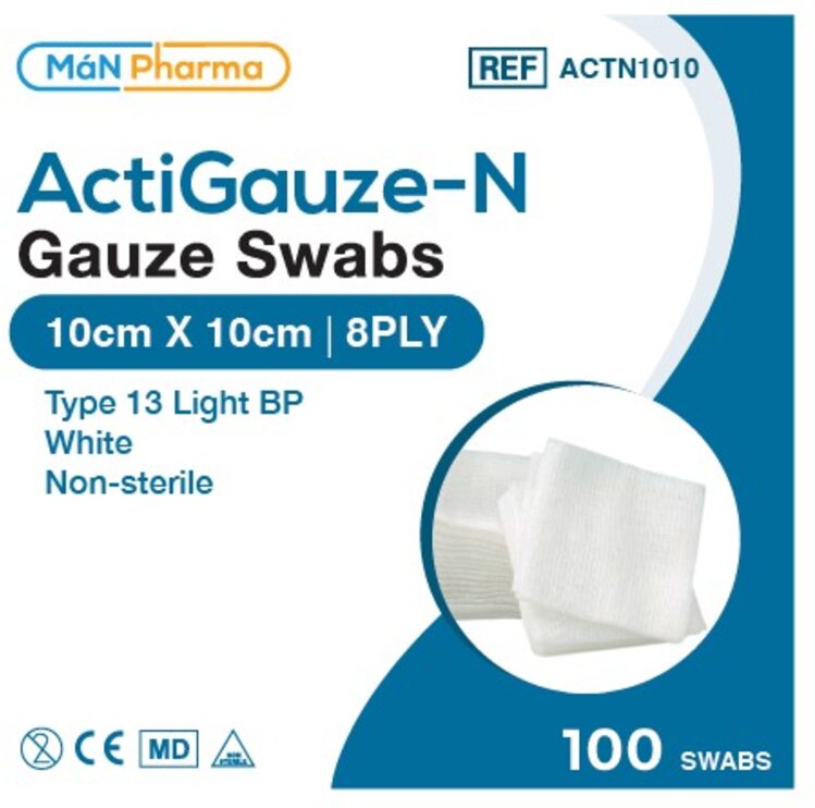 ACTIGAUZE-N non-sterile gauze swabs 8 ply 10cm x 10cm 100