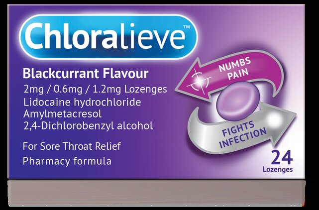 CHLORALIEVE lozenges blackcurrant 0.6mg  24
