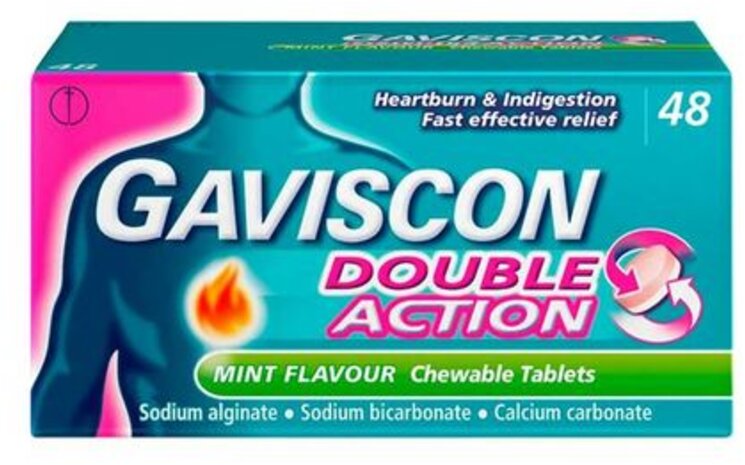 GAVISCON DOUBLE ACTION chewable tablets, mint flavour 187.5mg/250mg/106.5mg  48